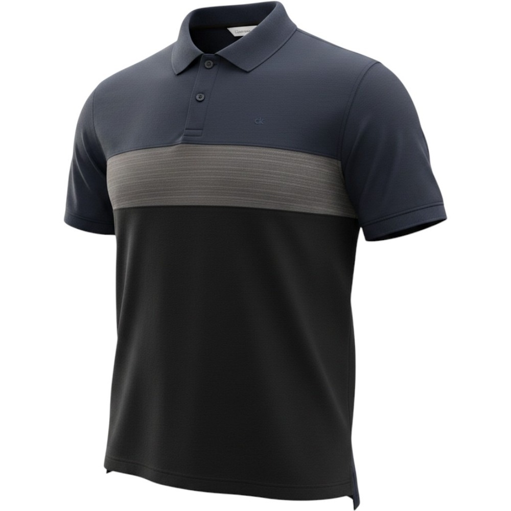 Calvin Klein Mens Navy Blue Grey Black Colorblock Cotton Pique Polo Shirt L
